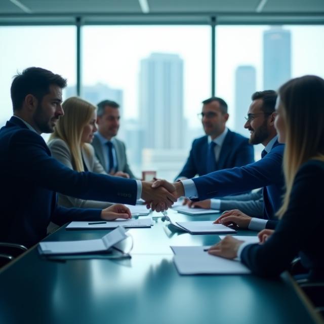 Finance professionals negotiating a corporate deal