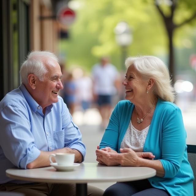Retirees discussing superannuation options at a café